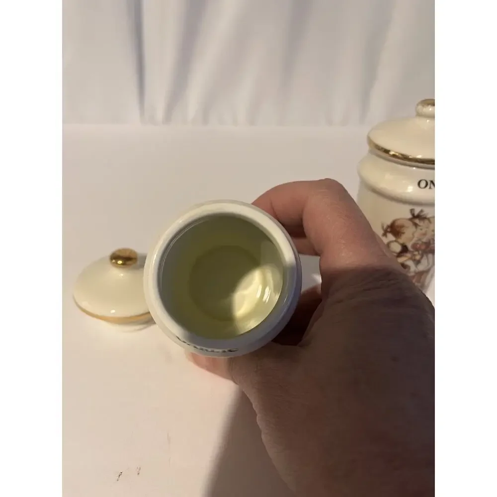 Vintage M.J. Hummel Onion & Garlic Porcelain Spice Jars Gold Trim Set of 2